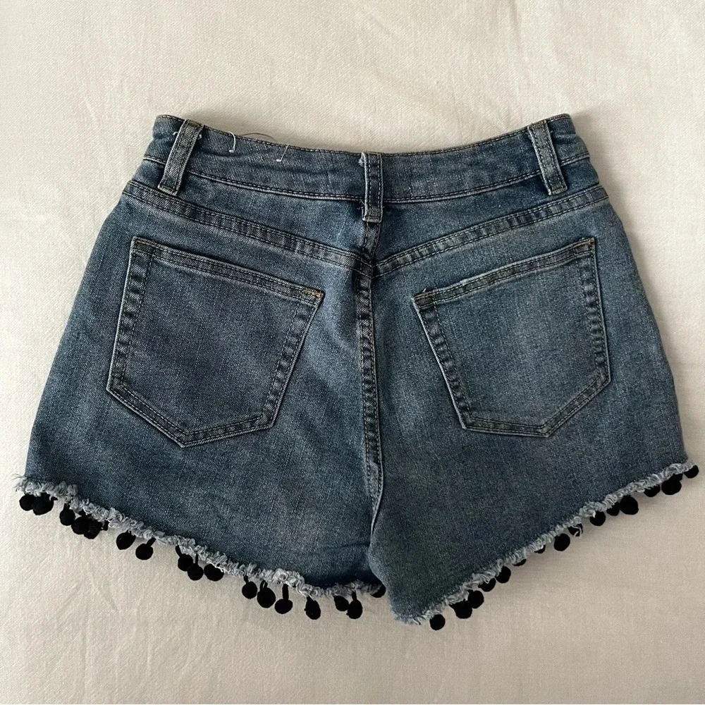STREETWEAR SOCIETY Boho Pom Pom Mom Jean High Waisted Denim Shorts